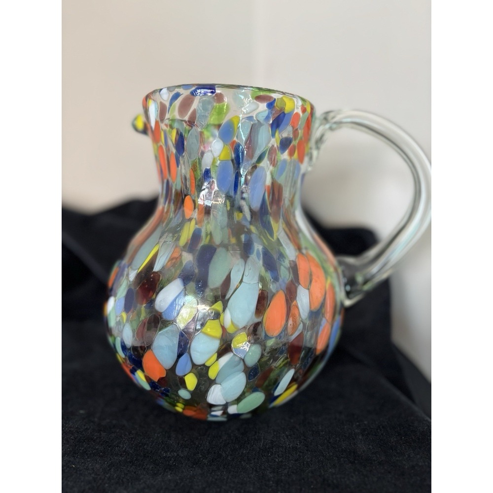 Mexican Hand Blown Confetti Glass Pitcher Multicolor Colorful Art Glass